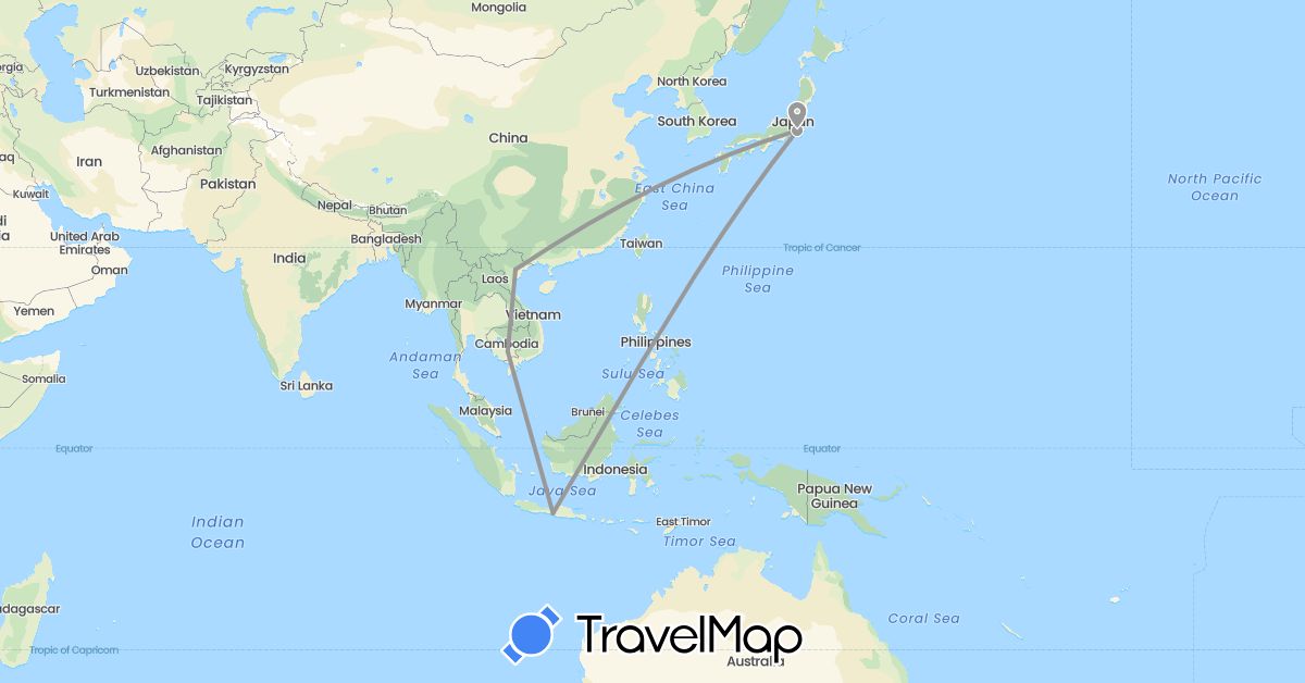 TravelMap itinerary: plane in Indonesia, Japan, Cambodia, Vietnam (Asia)